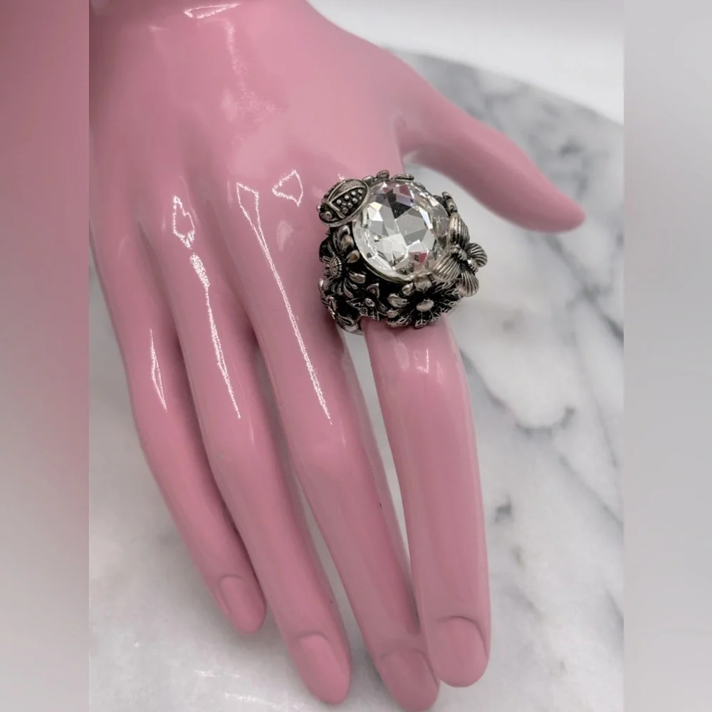 Chunky Flower &‎ Ladybug Antique Silver Tone Crystal Costume Ring Stretch Band